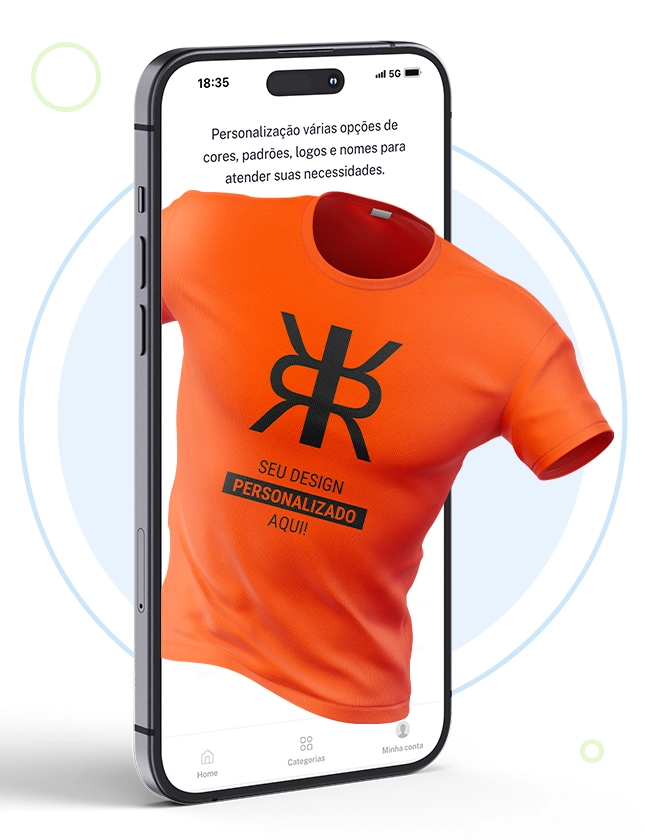 foto de uma camiseta laranja saindo da tela de um celular